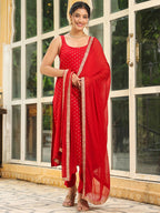 Janasya Maroon Rayon Foil Print Kurta,Bottom & Dupatta