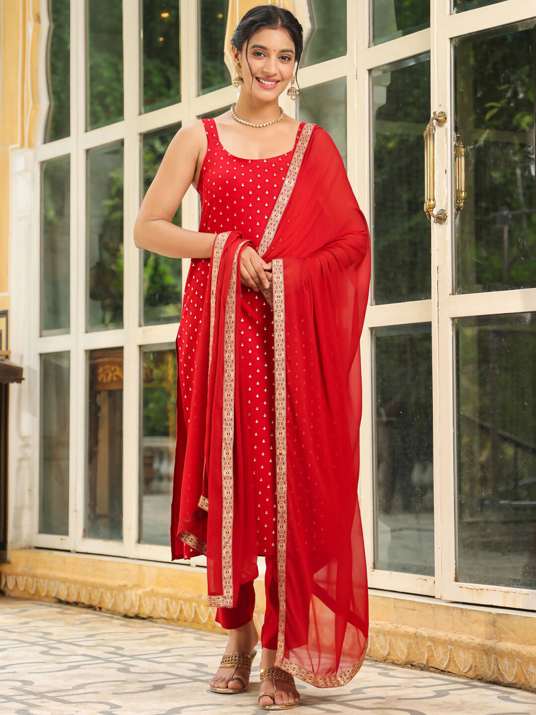 Janasya Maroon Rayon Foil Print Kurta,Bottom & Dupatta