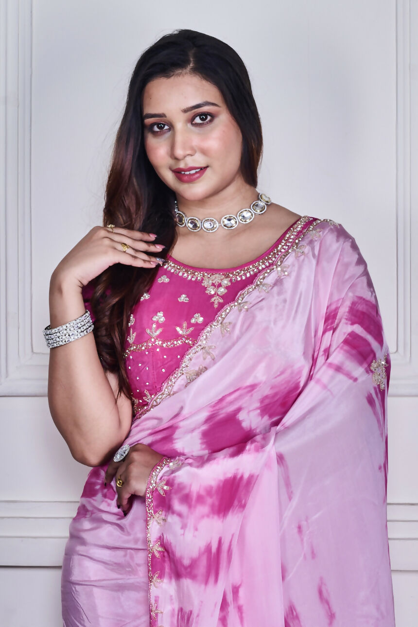 Morchari Pink Crepe Hand Embroidery Saree And Stitched Blouse - Distacart