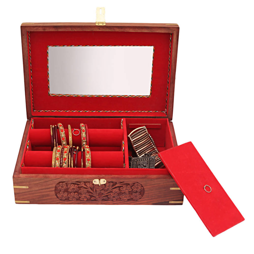 Nizalia Carved Motif Of Flora Handmade Beautiful Jewellery Box With Mirror