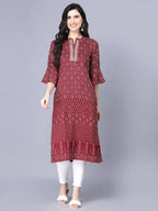 Myshka Silk Printed 3/4 Sleeve Round Maroon Women Kurta - Distacart