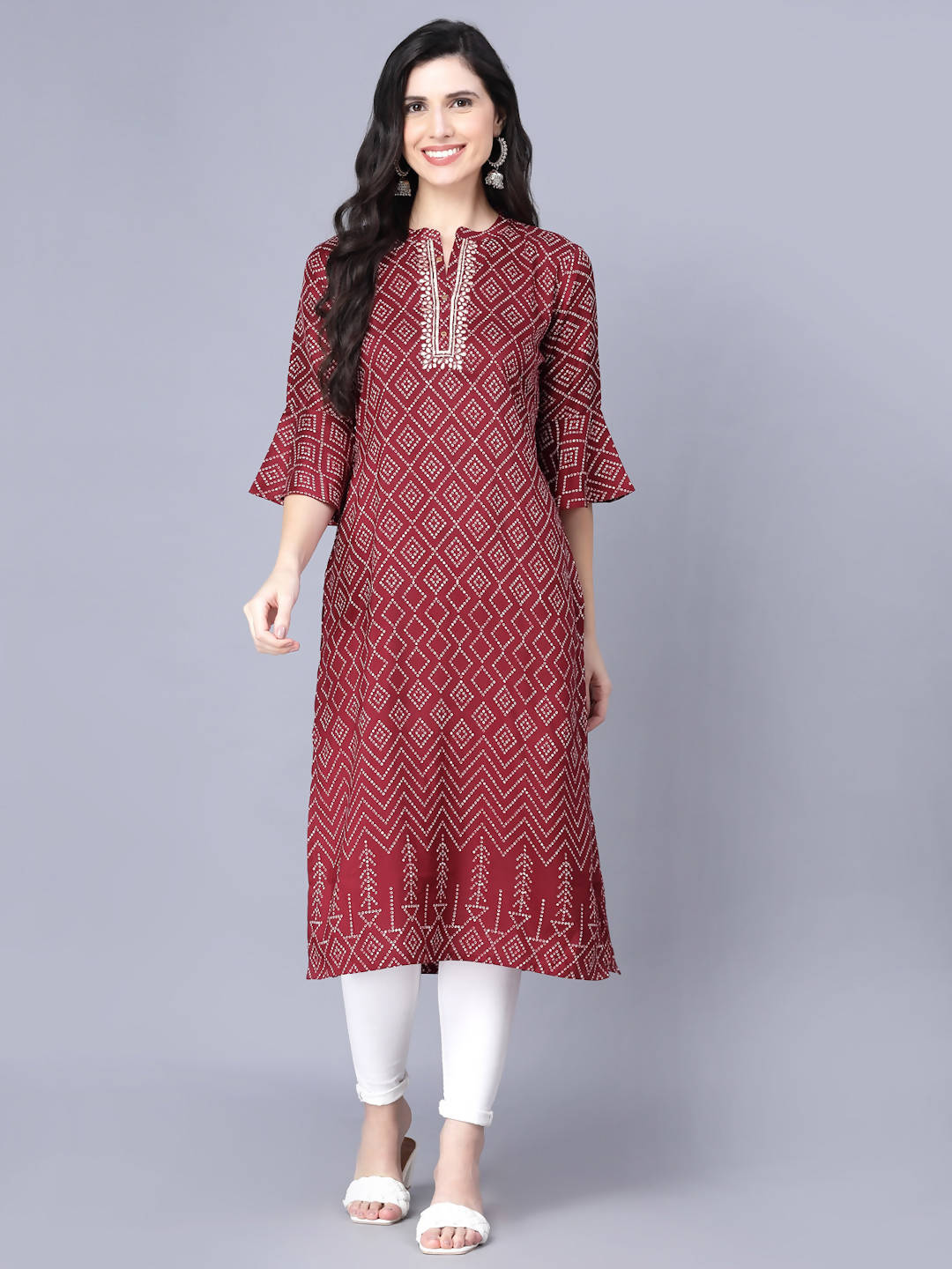 Myshka Silk Printed 3/4 Sleeve Round Maroon Women Kurta - Distacart
