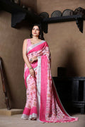 Prime Volt Linen Cotton Pink Printed Saree with Contrast Zari Border and Designer Blouse - Distacart