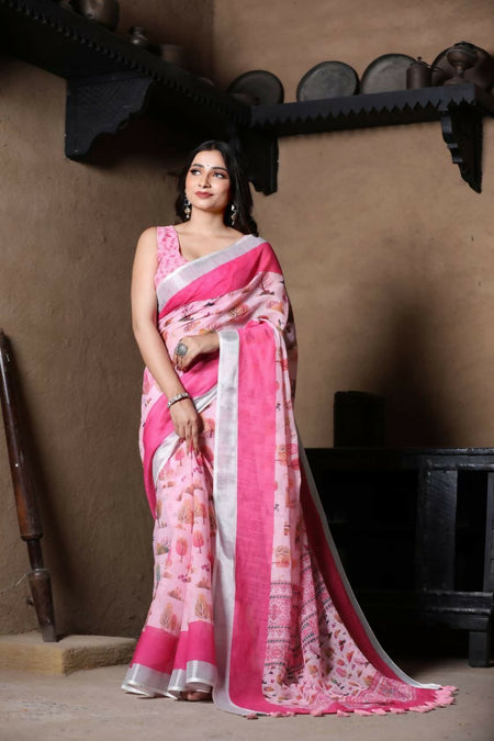 Prime Volt Linen Cotton Pink Printed Saree with Contrast Zari Border and Designer Blouse