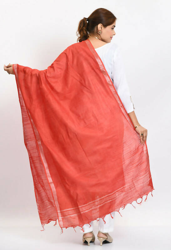 Mominos Fashion Moeza Women's Linen Cotton Silver Border Red Dupatta - Distacart