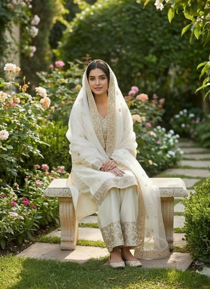 Teeya Creation White Color Fendy Silk Embroidery Work Wedding Wear Salwar Suit - Distacart