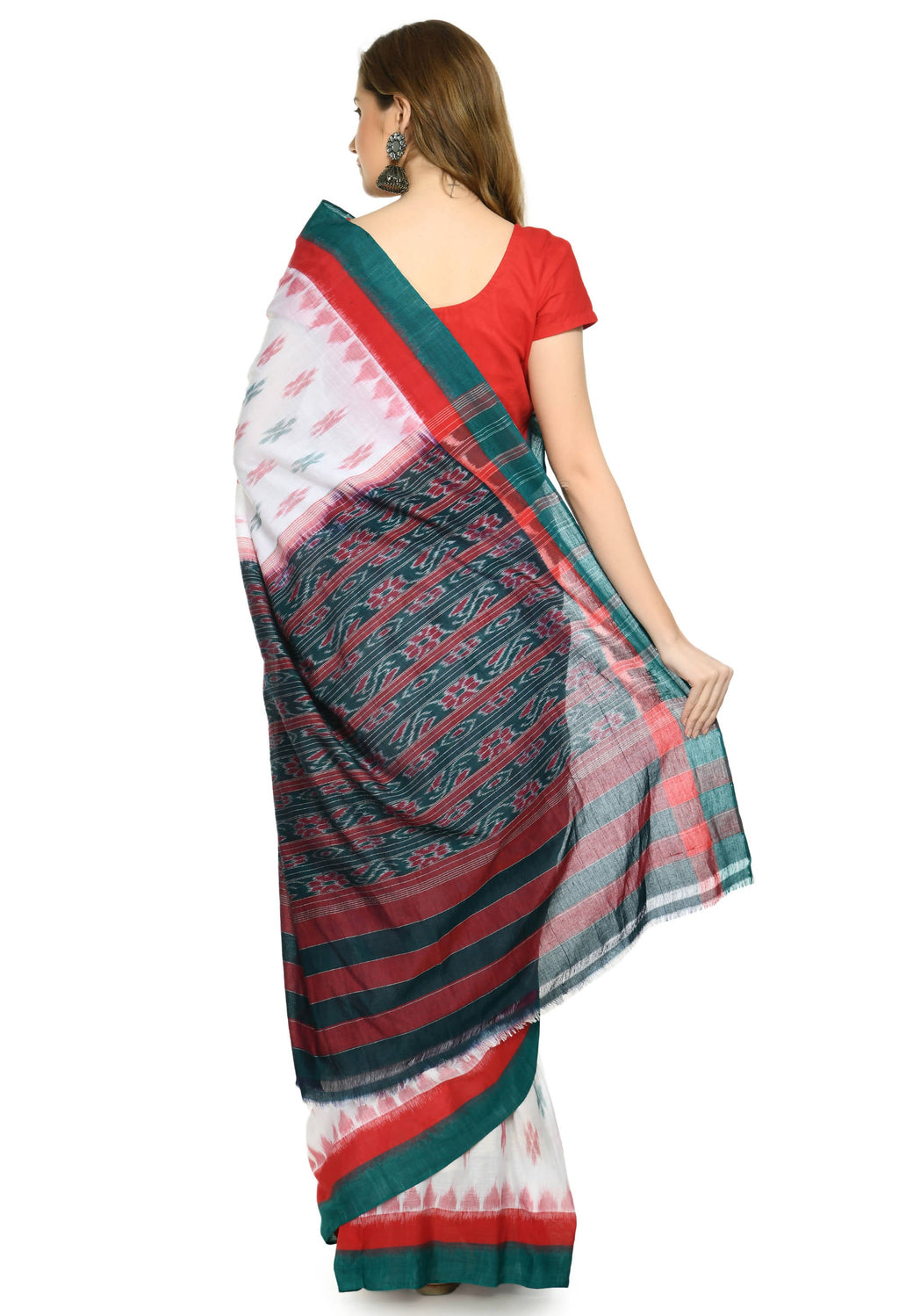 Vamika Sambalpuri Ikat Cotton Dehabandha White, Red & Green Saree - Distacart
