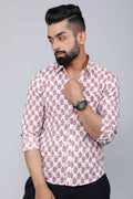 Miravan Men's White & Pink Spread Collar Floral Print Shirt