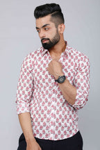 Miravan Men's White & Pink Spread Collar Floral Print Shirt
