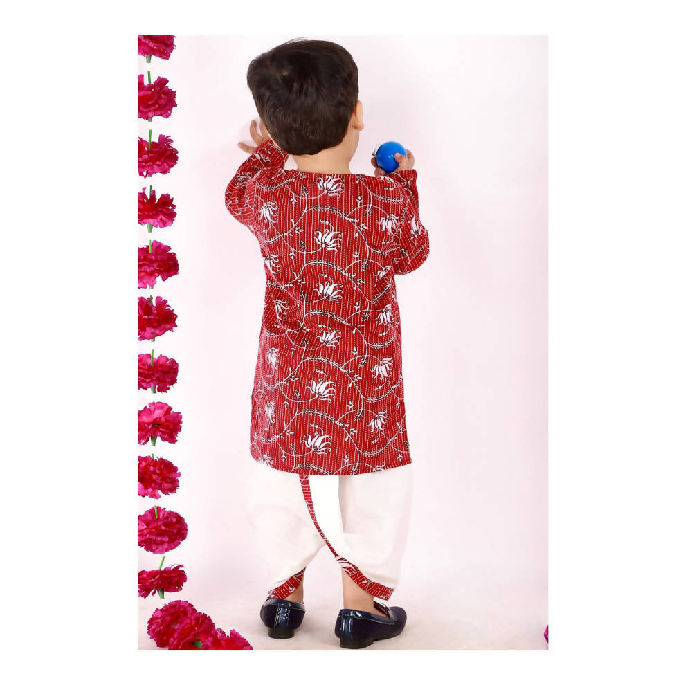 Little Bansi Boys Brown and White Color Bengali Kantha work floral kurta & Dhoti
