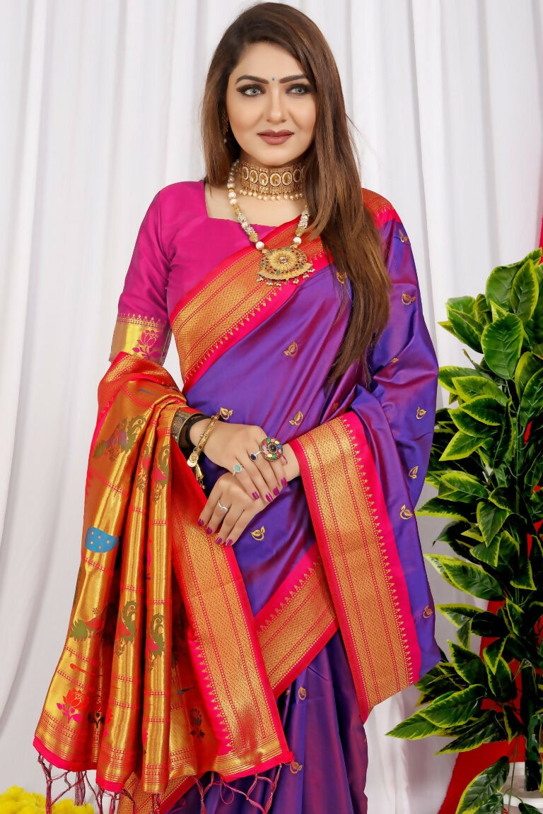 Jyoti Fashion Women's Purple Paithani Silk Zari Woven Saree with Blouse