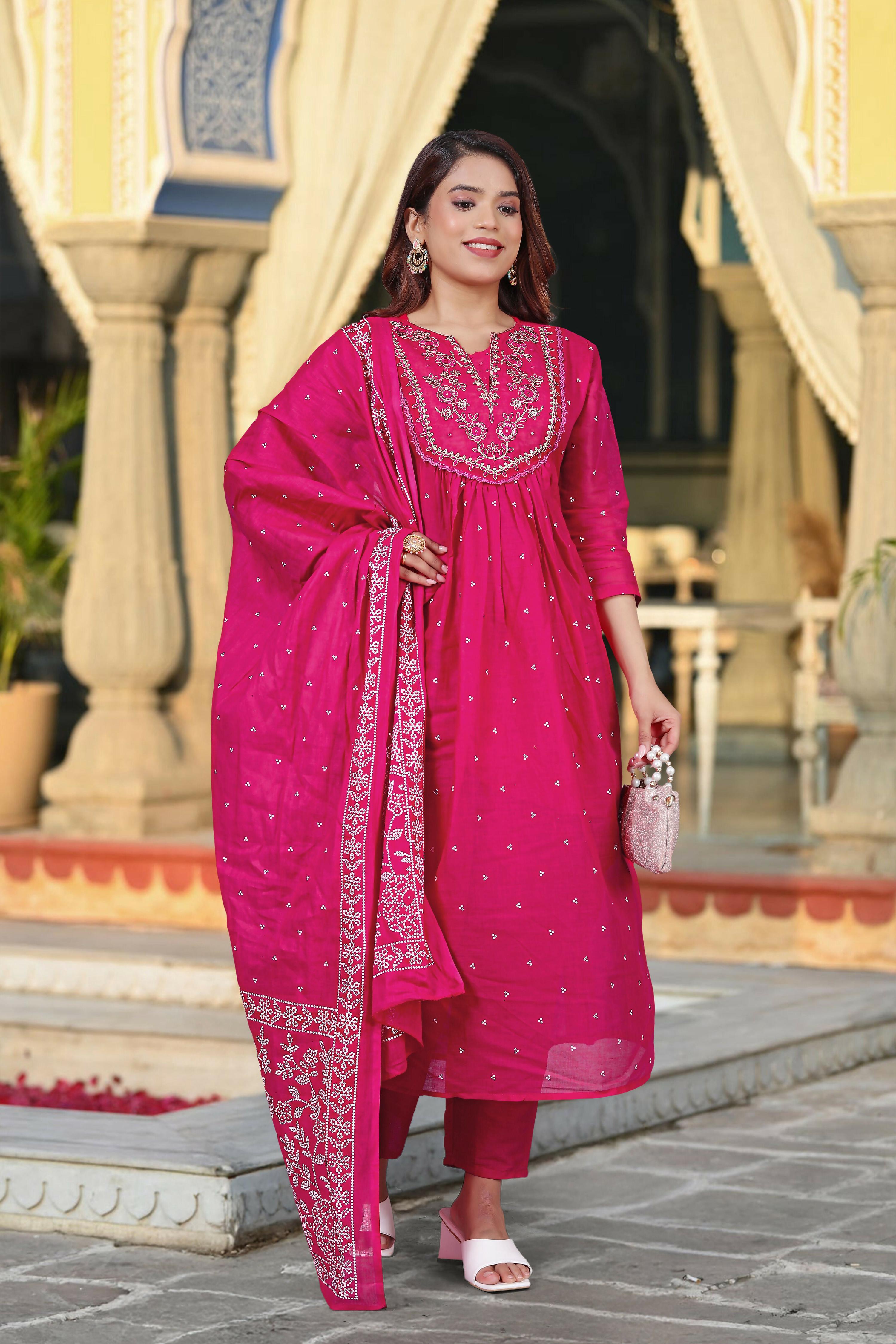 The52 Women's Beautiful Cotton Fabric Embroidery Work Straight Kurta Pant and Dupatta Set - Distacart