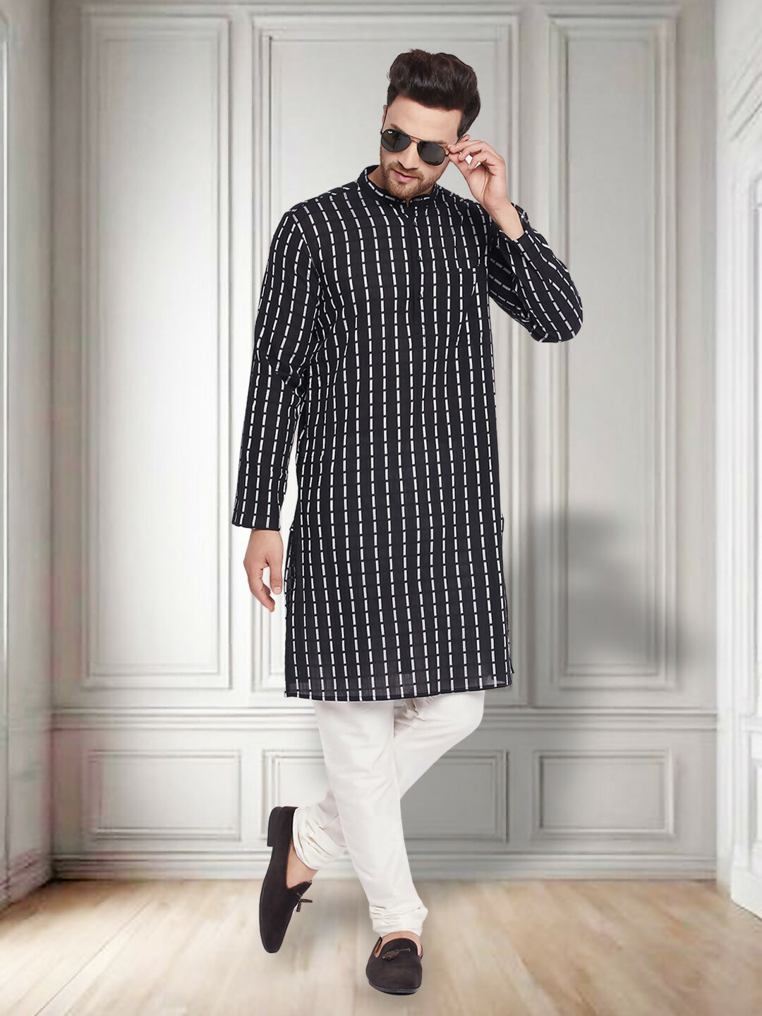 Even Apparels Men's Pure Cotton Black Check Kurta