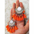 Half Moon Chandbali Orange Color Silk Threads Mirror Tassel Silver Earrings