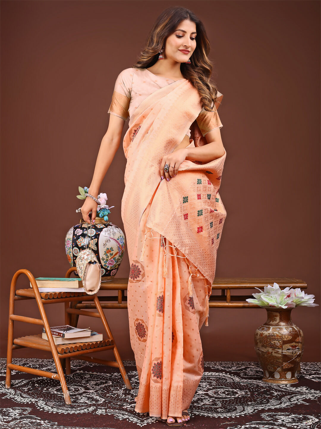 Shree Shyam Fashion Neerja Orange Linen Cotton Saree