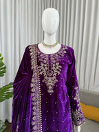 Vastranavya Purple Viscose Velvet Cording Sequence With Moti Work Top-Bottom With Dupatta - Distacart