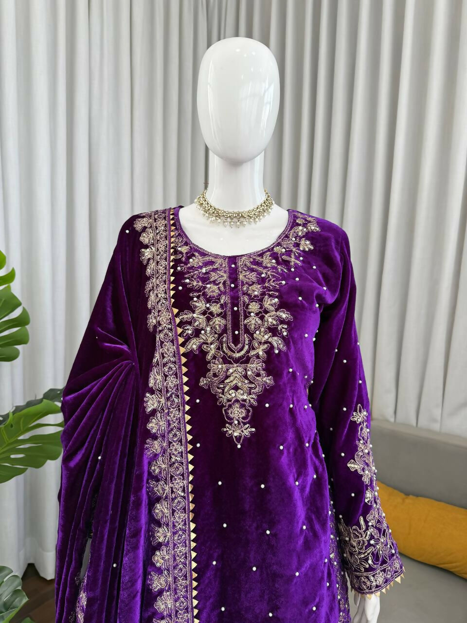 Vastranavya Purple Viscose Velvet Cording Sequence With Moti Work Top-Bottom With Dupatta - Distacart