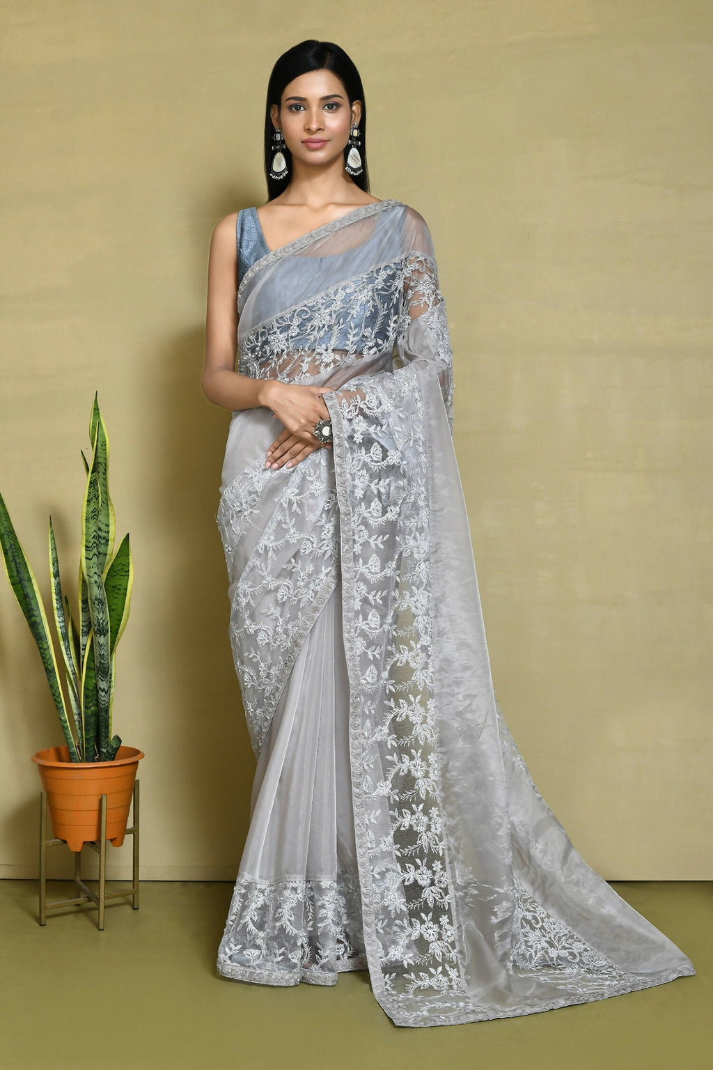 Grey Organza Satin Silk Floral Embroidered Festive Saree - Nimaya Denzy