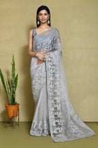 Grey Organza Satin Silk Floral Embroidered Festive Saree - Nimaya Denzy