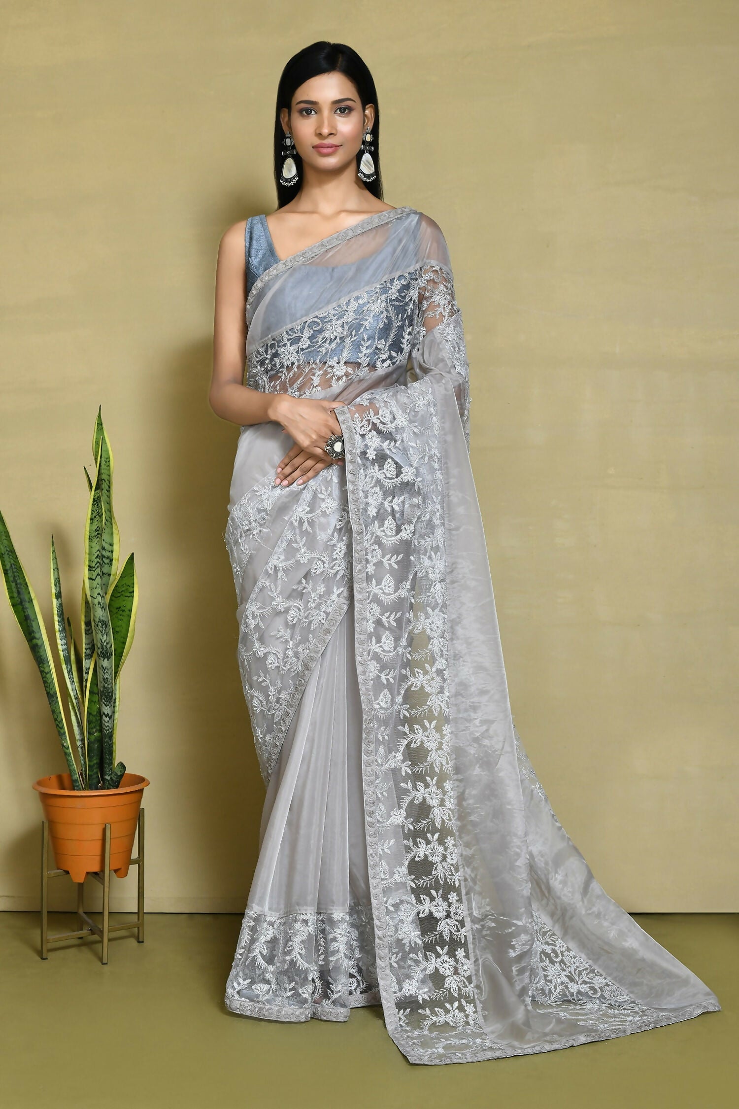 Grey Organza Satin Silk Floral Embroidered Festive Saree - Nimaya Denzy