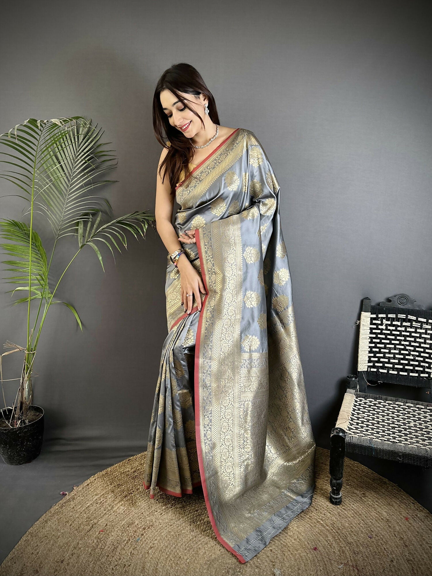 Joban Fashion Grey Ethnic Floral Motifs Soft Lichi Silk Banarasi Saree - Distacart