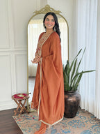 The52 Rust Women's Gorgeous Embroidered Vichitra Silk Fabric Flared Kurta, Pant and Dupatta Set - Distacart