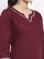 Myshka Women's Burgundy Cotton Solid 3/4 Sleeve Square Neck Casual Kurta Pant Dupatta Set