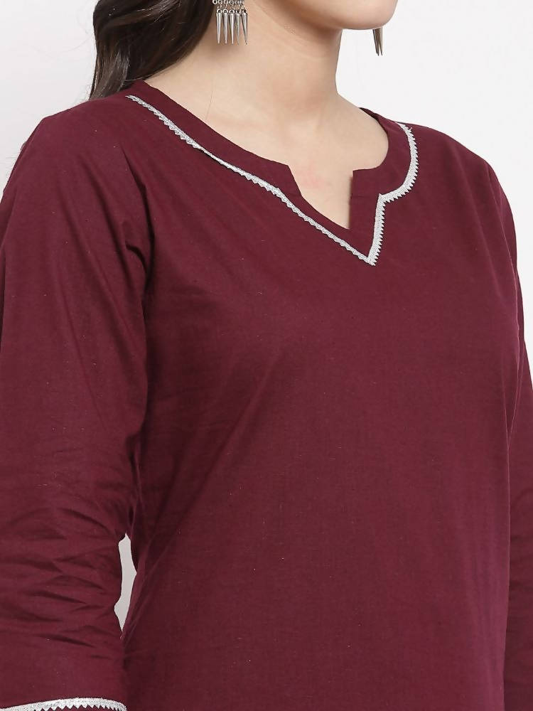 Myshka Women's Burgundy Cotton Solid 3/4 Sleeve Square Neck Casual Kurta Pant Dupatta Set