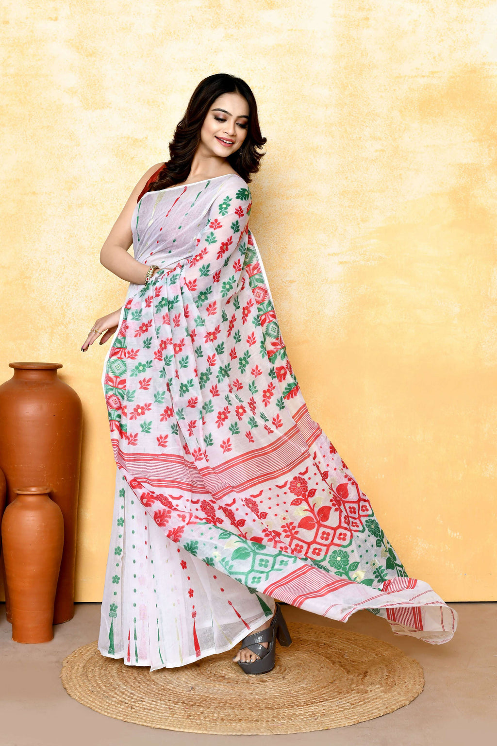 Piyari Fashion Women's White Embellished Cotton Blend Jamdani Saree - Distacart