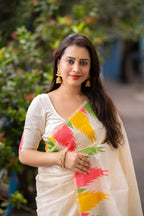 Cream Polycotton Woven Design Saree with Unstitched Blouse - A2M - Distacart