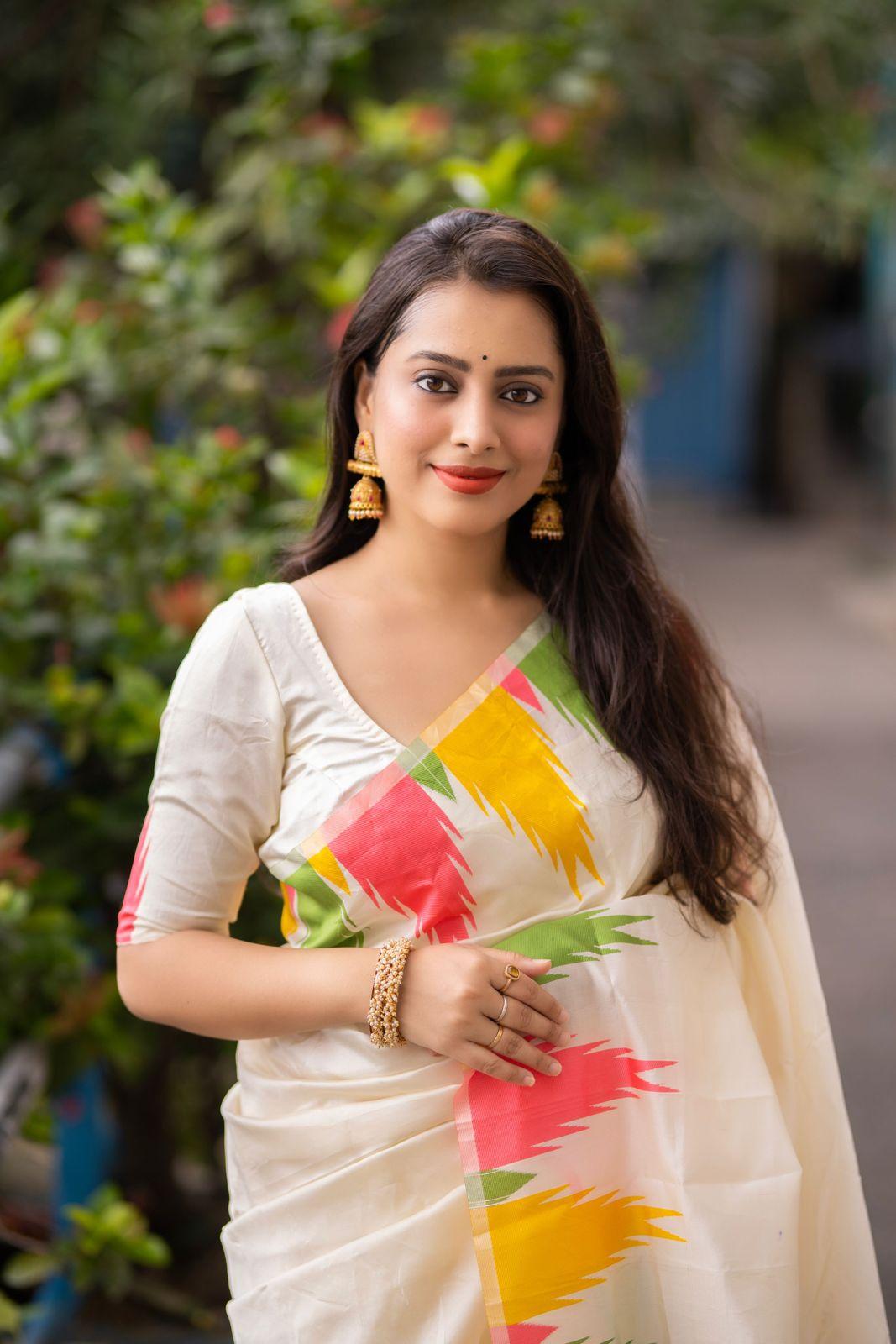 Cream Polycotton Woven Design Saree with Unstitched Blouse - A2M - Distacart