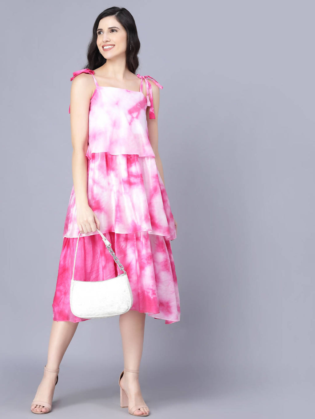 Myshka Women White Tie and Dye Dyed Layered A-Line Midi Dress - Distacart