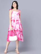 Myshka Women White Tie and Dye Dyed Layered A-Line Midi Dress - Distacart