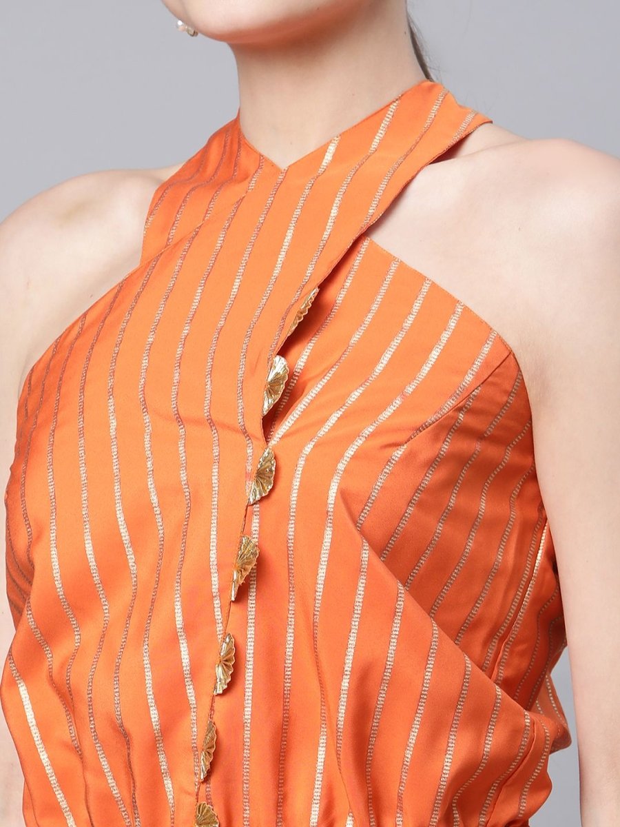 Ahalyaa Womens Orange Crepe Gold Stripped Print Jumpsuit - Distacart