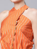 Ahalyaa Womens Orange Crepe Gold Stripped Print Jumpsuit - Distacart