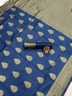 DEIANA'S Beautiful Designer Golden zari Soft Lichi Silk Saree - Navy Blue