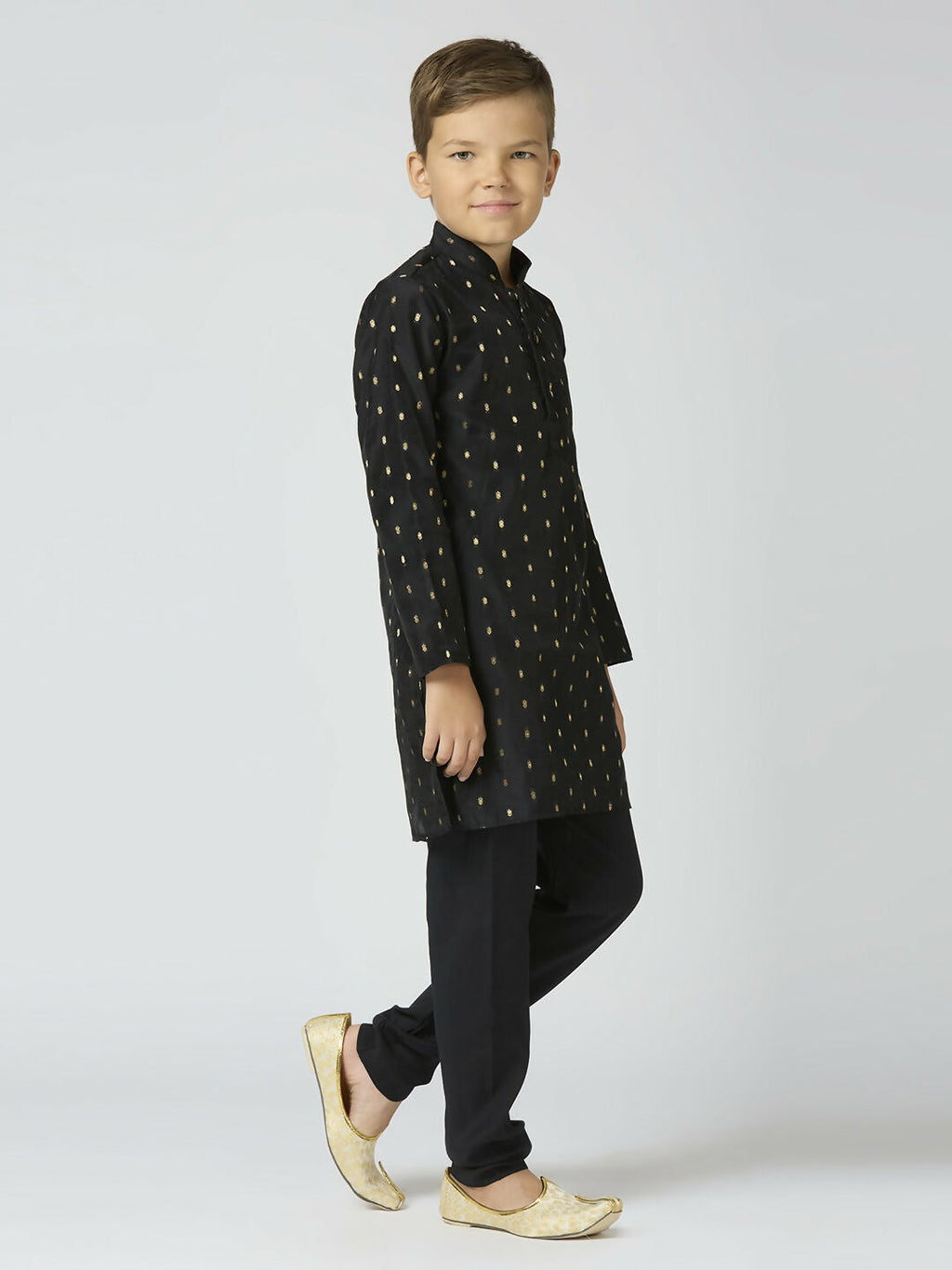 Joban Fashion Kids Island Full Sleeves Chanderi Kurta, Pyjama Set with Traditional Butta Work - Black - Distacart