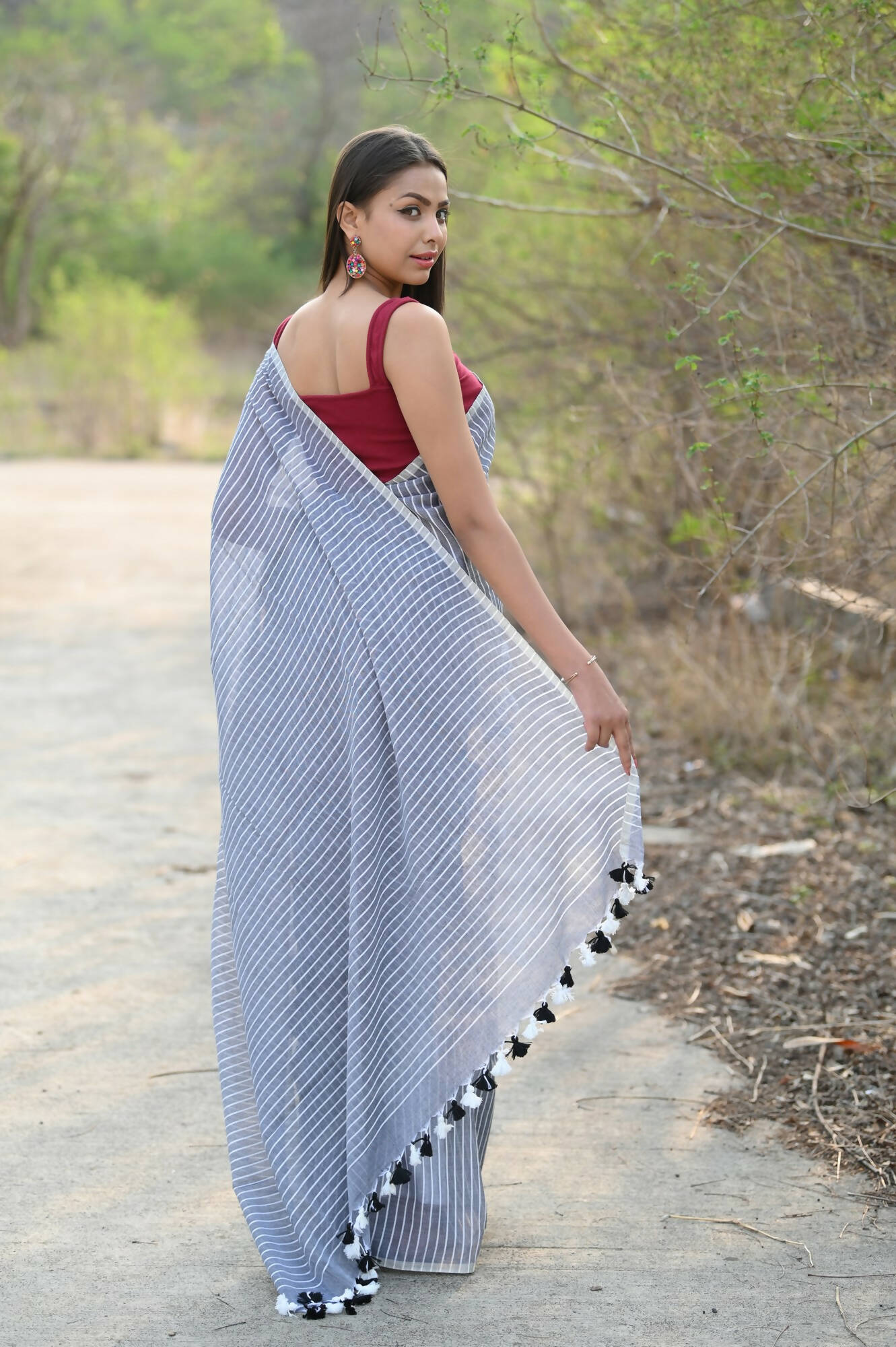 Very Much Indian Designer Pure Cotton Saree With All Over Linear Stripes - Sage Grey - Distacart