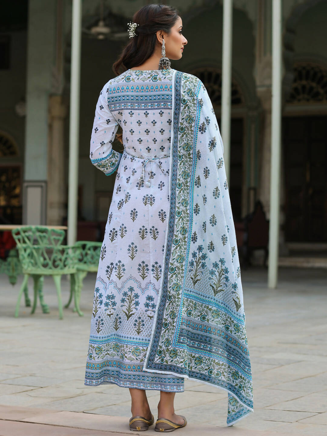 Juniper Women's Skyblue Cambric Floral Placement Kurta Dupatta Sets - Distacart