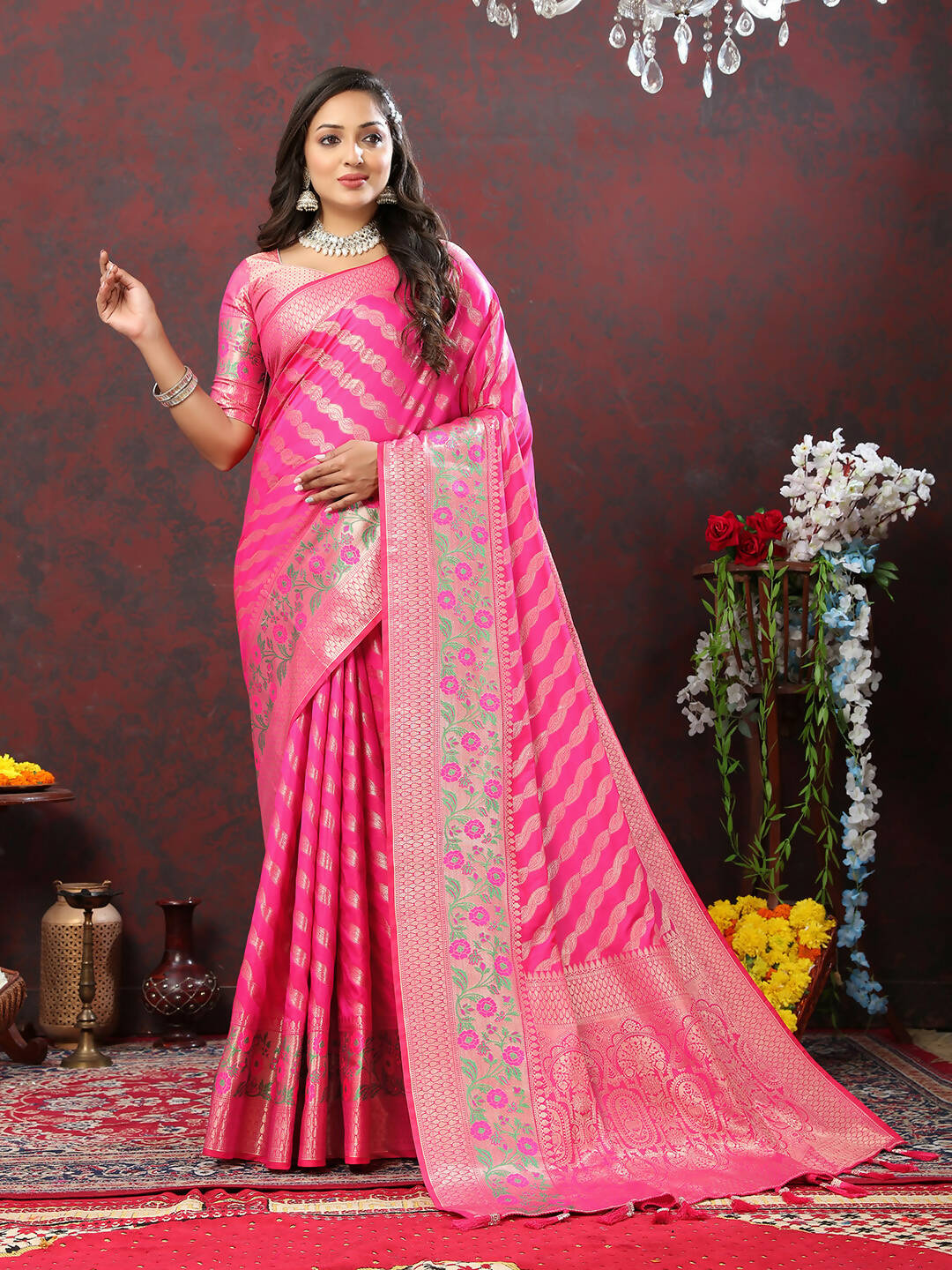 Lorenvalley Fashion Pink Soft Silk Woven Design with Zari Weaving Leheriya Design Saree