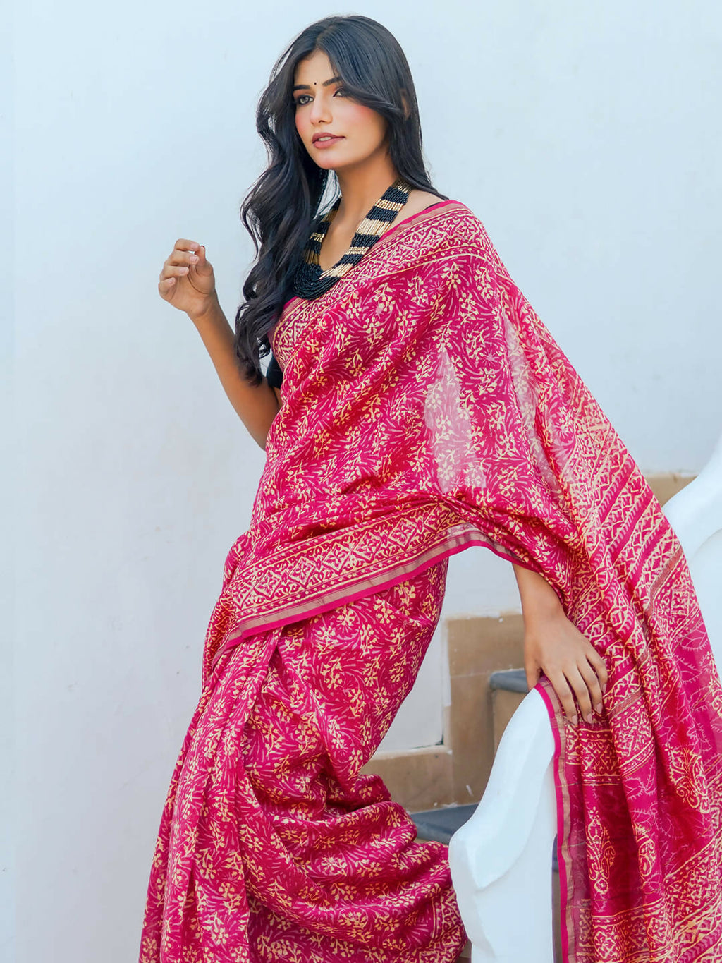 Zibaa Hand-Blocked Pure Chanderi Silk Pink Saree - Distacart