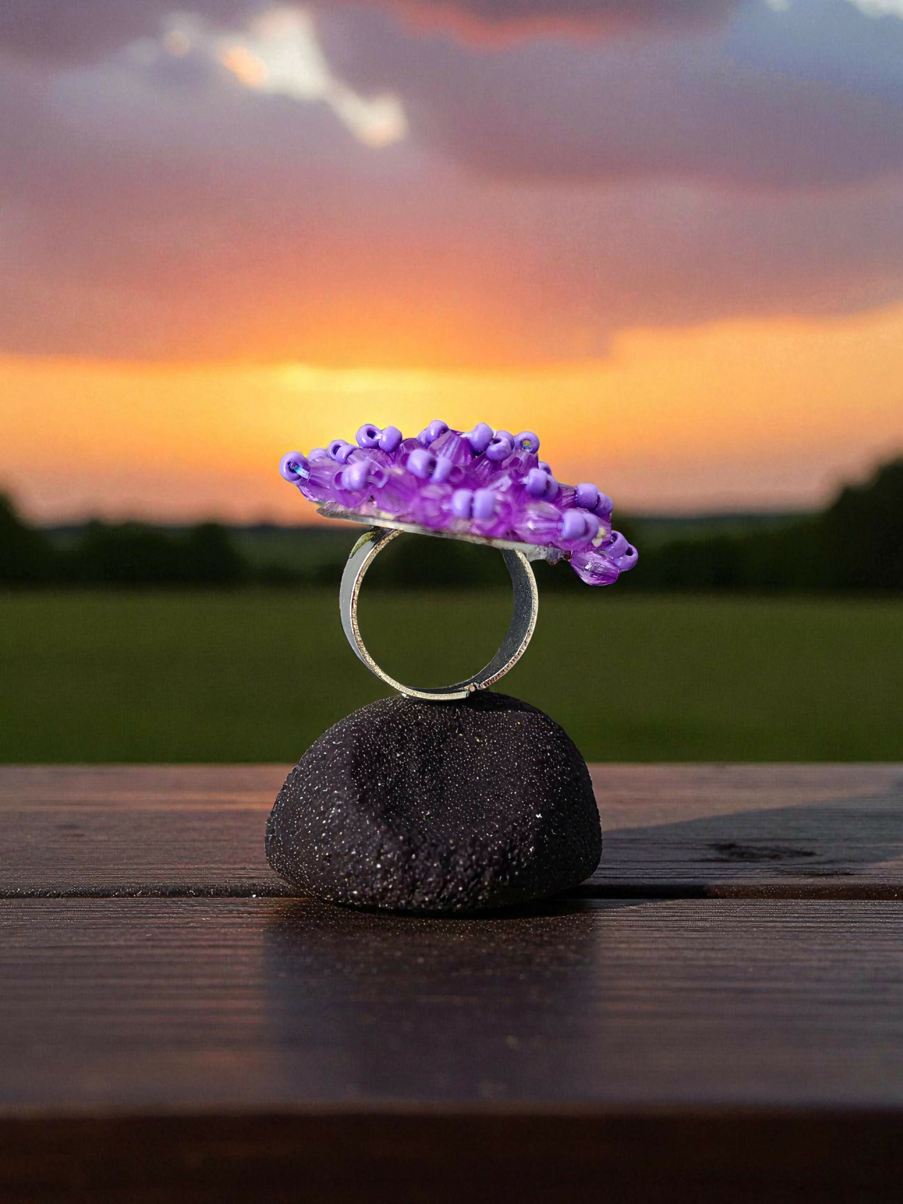 Inhanns Rang-E-Roshan Adjustable Ring – Handmade Crystal Statement Ring - Purple