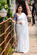 White Poly Silk Ethnic Motifs Saree with Unstitched Blouse - A2M
