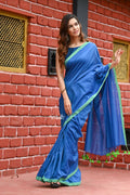 Very Much Indian Pure Cotton Handloom Sarees With Intricate Borders-Blue Shade - Distacart