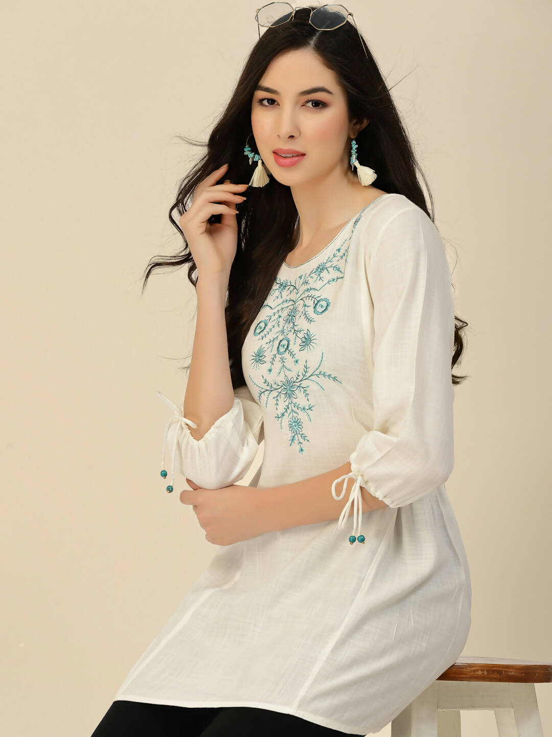White Poly Rayon Floral Embroidered Top - Zeny