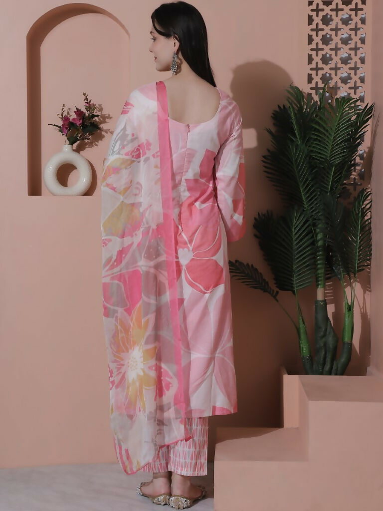 Jyoti Fashion Women's Pink Cotton Floral Digital Print & Floral Embroidered Cutwork Border Sequins Work Kurta with Trouser & Dupatta