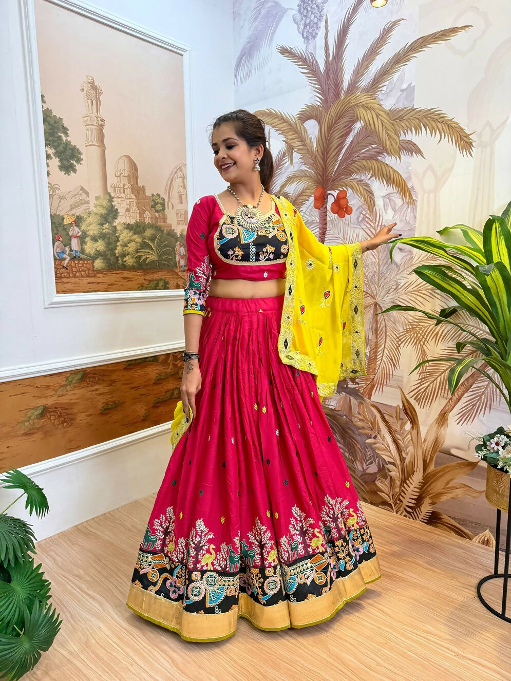 Teeya Creation Rani Colour Rayon Silk Embroidery Work Fully Stitched Navratri Lehenga