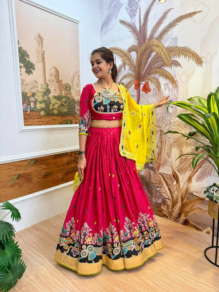 Teeya Creation Rani Colour Rayon Silk Embroidery Work Fully Stitched Navratri Lehenga