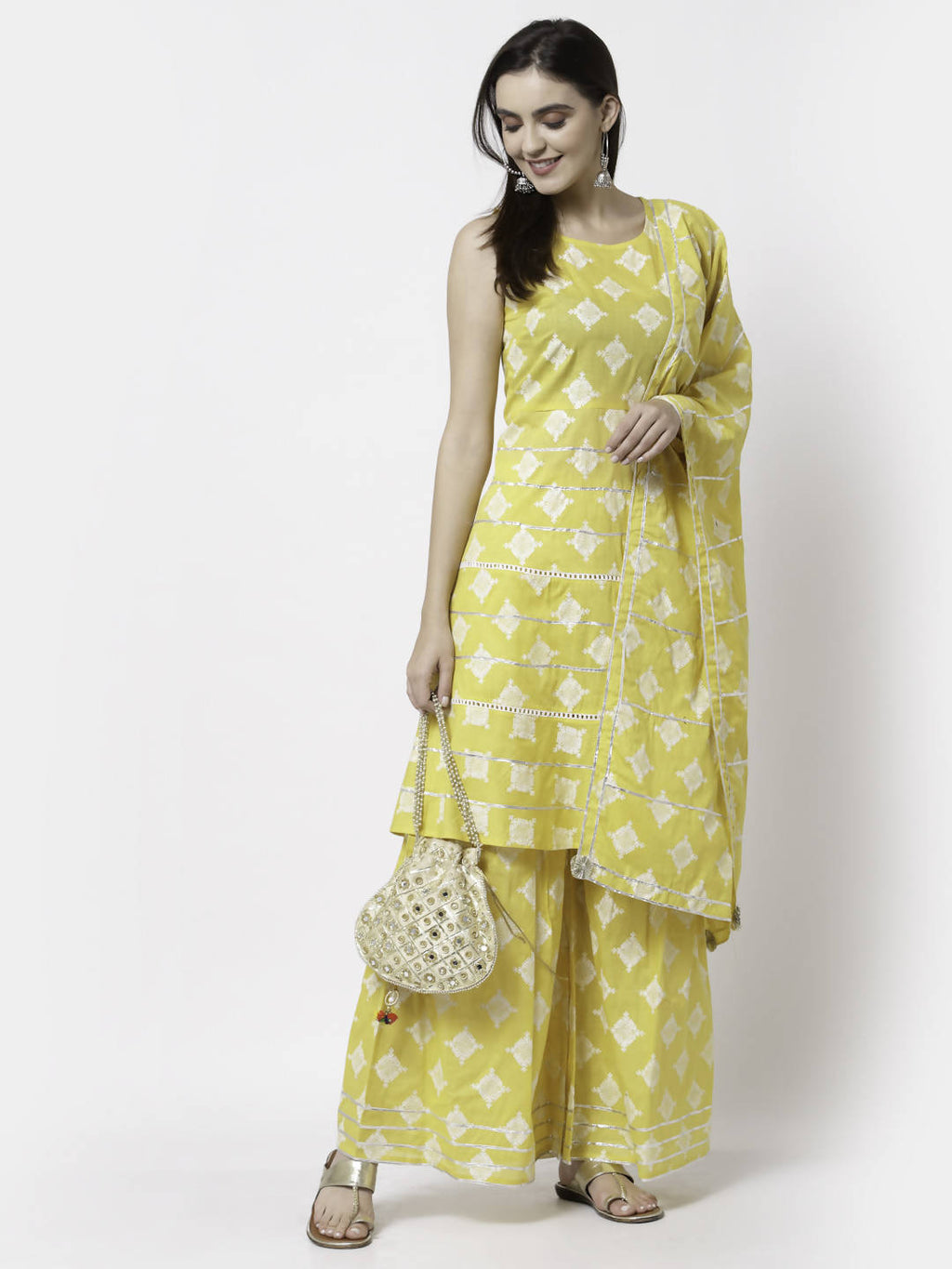 Myshka Yellow Pure Cotton Printed Sleeveless Round Neck Kurta Palazzo Dupatta Set