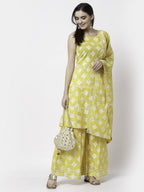 Myshka Yellow Pure Cotton Printed Sleeveless Round Neck Kurta Palazzo Dupatta Set